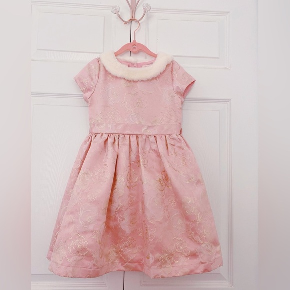 BOUTIQUERose Gold roses detail with Faux fur collar Dress.